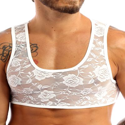 CHICTRY Men's Sissy Lace Bralette Crop Top, White, M