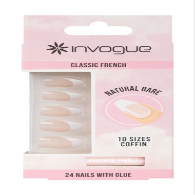 Invogue Classic French Coffin-Shaped False Nails, 24 Nails, Natural Bare, 25 g
