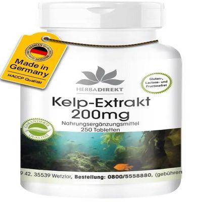 Kelp Extract 200 mg – 250 Tablets – High-Dose, Vegan, Natural Iodine | HERBADIREKT by Warnke Vitalstoffe – German Pharmacy Quality