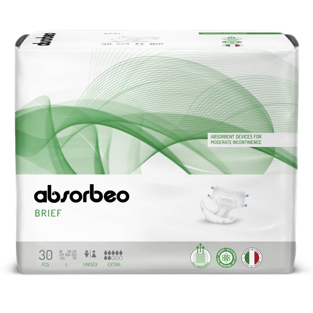 Absorbeo EXTRA Adult Diapers, 30 Count, Absorbent Aid for Moderate Bladder Weakness, Absolute Comfort, Total Protection, Anti-Odor System, Fully Breathable, Unisex, Size L