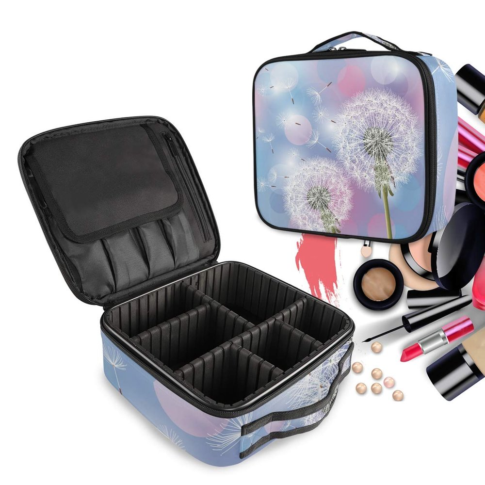 White Blue Butterfly Dandelion Makeup Bag with Zipper, Toiletry Organizer with Adjustable Dividers