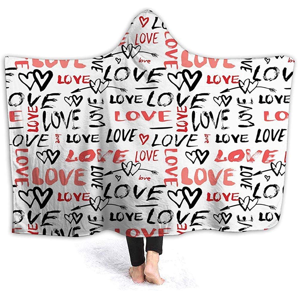 Auld-Shop Hooded Wearable Blanket, Cloak Cape with Hand-Drawn Love Lettering Doodle-Style Design and Brushstroke Effect