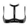 Women's Wet-Look Patent Leather & Lace Bustier Crop Top, Halter Neck, Open-Bust, Black A S view 3