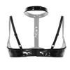 Women's Wet-Look Patent Leather & Lace Bustier Crop Top, Halter Neck, Open-Bust, Black A S view 4