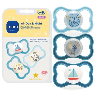 MAM Air Night and Day Pacifiers (1 Night and 2 Day Pacifiers), MAM Sensitive Skin Pacifier 6+ Months, Best Pacifier for Breastfed Babies, Glow-in-the-Dark Pacifier, for Boys