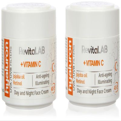 RevitaLAB Hyaluron Anti-Aging Day and Night Cream with Vitamins A, B3, B5, E and C, Jojoba Oil and UV Filters, for Ages 40–55, 50 ml (Multipack)