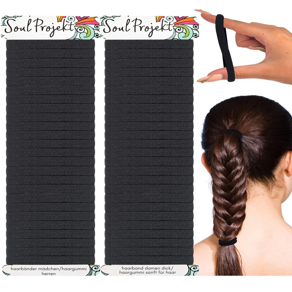 Soul Projekt Black Hair Ties for Women and Girls, 50-Pack, 8 mm, No Pulling