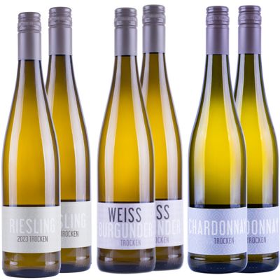 Nehrba Dry White Wine Tasting Pack, 6 x 0.75 L: 2 Riesling 2023, 2 Pinot Blanc 2022, 2 Chardonnay 2024, Quality Wine, Vegan, Germany (Rheinhessen)