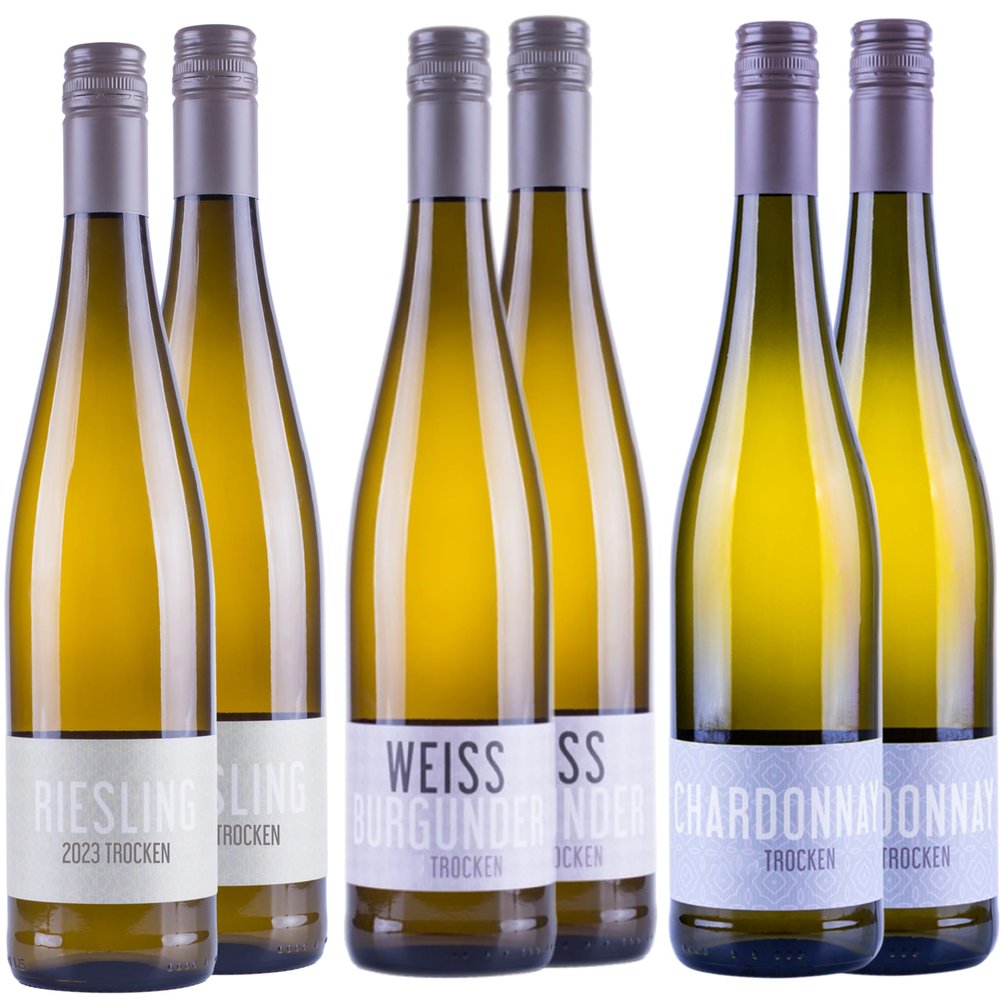 Nehrba Dry White Wine Tasting Pack, 6 x 0.75 L: 2 Riesling 2023, 2 Pinot Blanc 2022, 2 Chardonnay 2024, Quality Wine, Vegan, Germany (Rheinhessen)