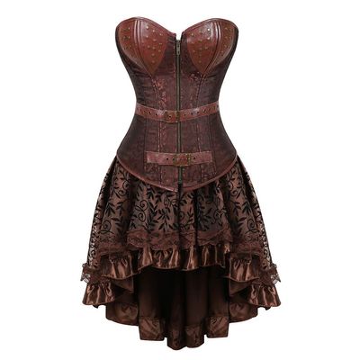 Grebrafan Steampunk Pirate Corset with Tulle Skirt, S, Brown