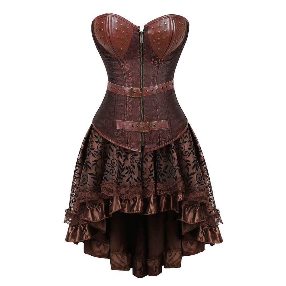 Grebrafan Steampunk Pirate Corset with Tulle Skirt, S, Brown