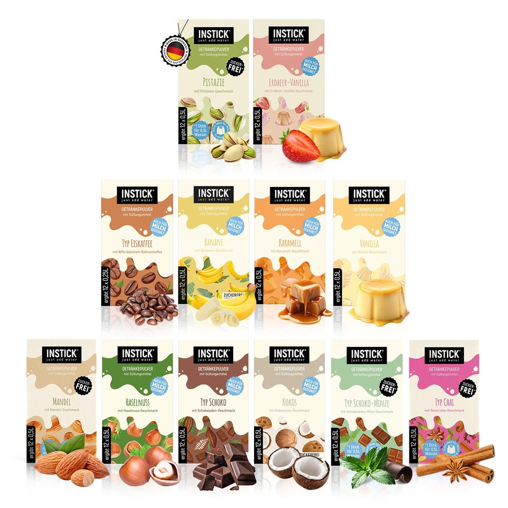 INSTICK Drink Powder Value Bundle, 12 x 12 Sticks, 1 Stick for 0.5 L, Alternative to Flavor Drops & Syrup, Sugar-Free, Vegan & Low-Calorie