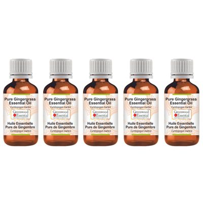 Greenwood Essential Pure Natural Gingergrass Essential Oil (Cymbopogon martinii), Steam-Distilled, 100 mL x 5 (16.9 fl oz)