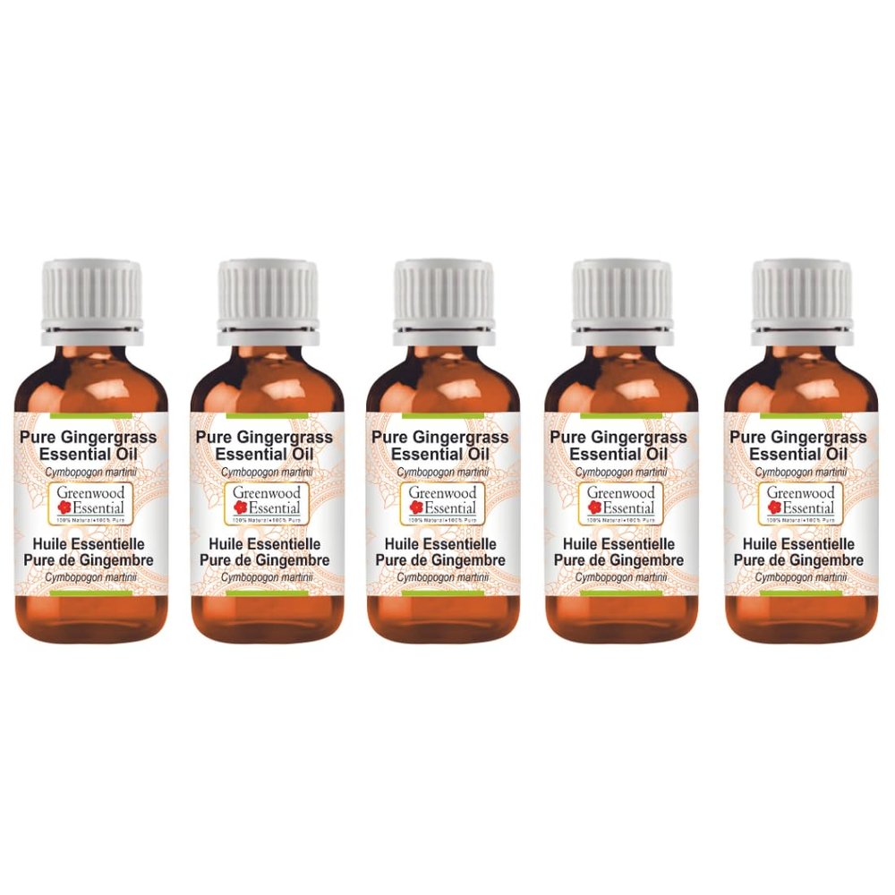 Greenwood Essential Pure Natural Gingergrass Essential Oil (Cymbopogon martinii), Steam-Distilled, 100 mL x 5 (16.9 fl oz)
