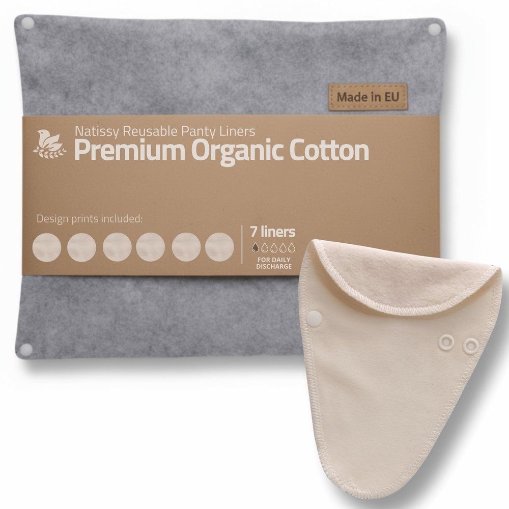 Natissy Organic Cotton Pantyliners for Women, Washable, Soft, Breathable, Skin-Friendly and Reusable, 7-Piece Thong Set, Made in the EU
