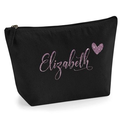 Personalized Name or Initials Heart Design Makeup Bag, Rose Gold Glitter, M, Black