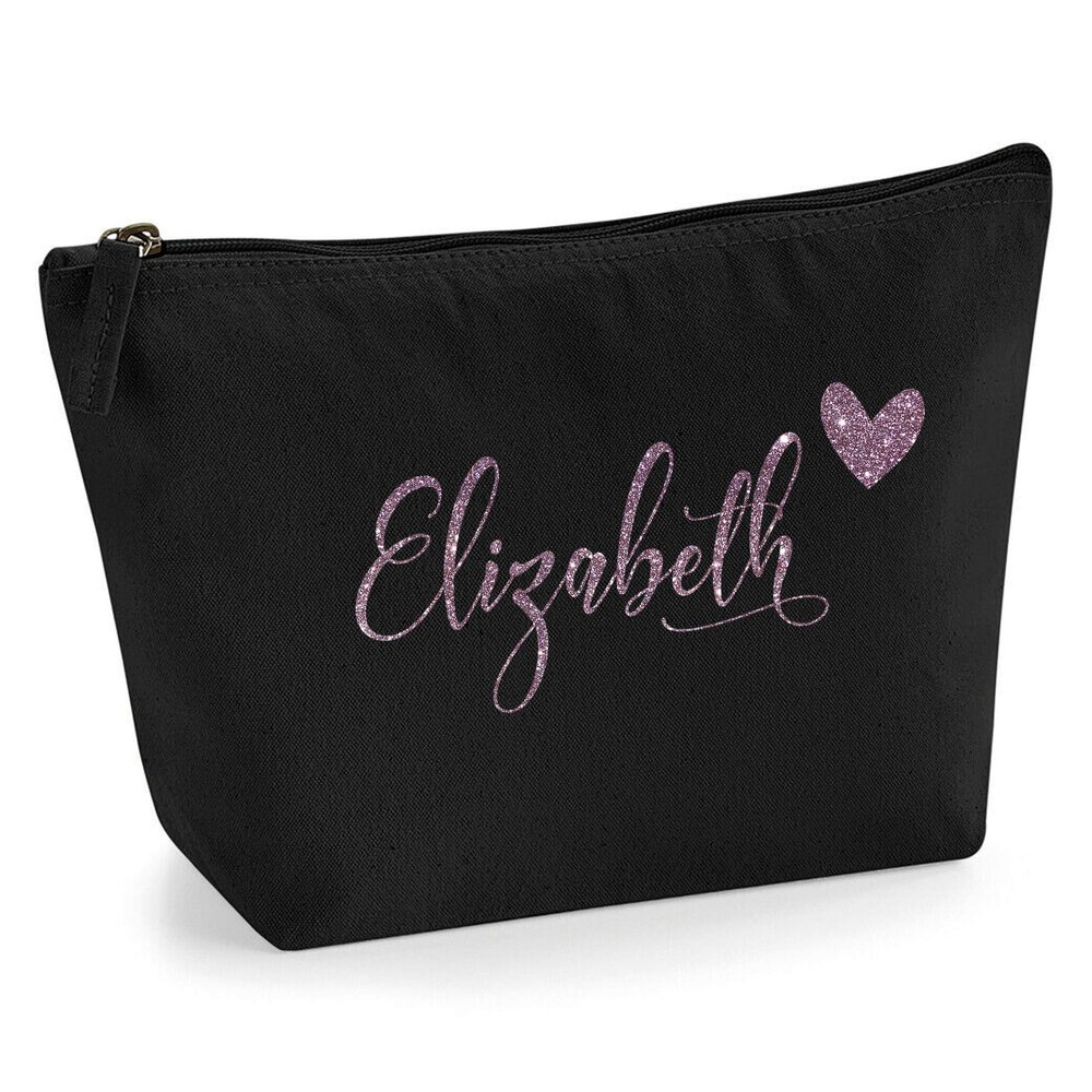 Personalized Name or Initials Heart Design Makeup Bag, Rose Gold Glitter, M, Black