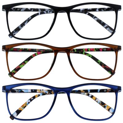 OPULIZE Arc Reading Glasses, 3-Pack, Stylish Slim Rectangular Frames, Patterned Temples, Spring Hinges, Scratch-Resistant, Black/Brown/Blue, Men’s & Women’s, +3.50