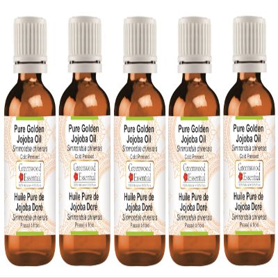 Greenwood Essential Pure Golden Jojoba Oil (Simmondsia chinensis), Cold-Pressed, 100 ml x 5 (16.9 oz)