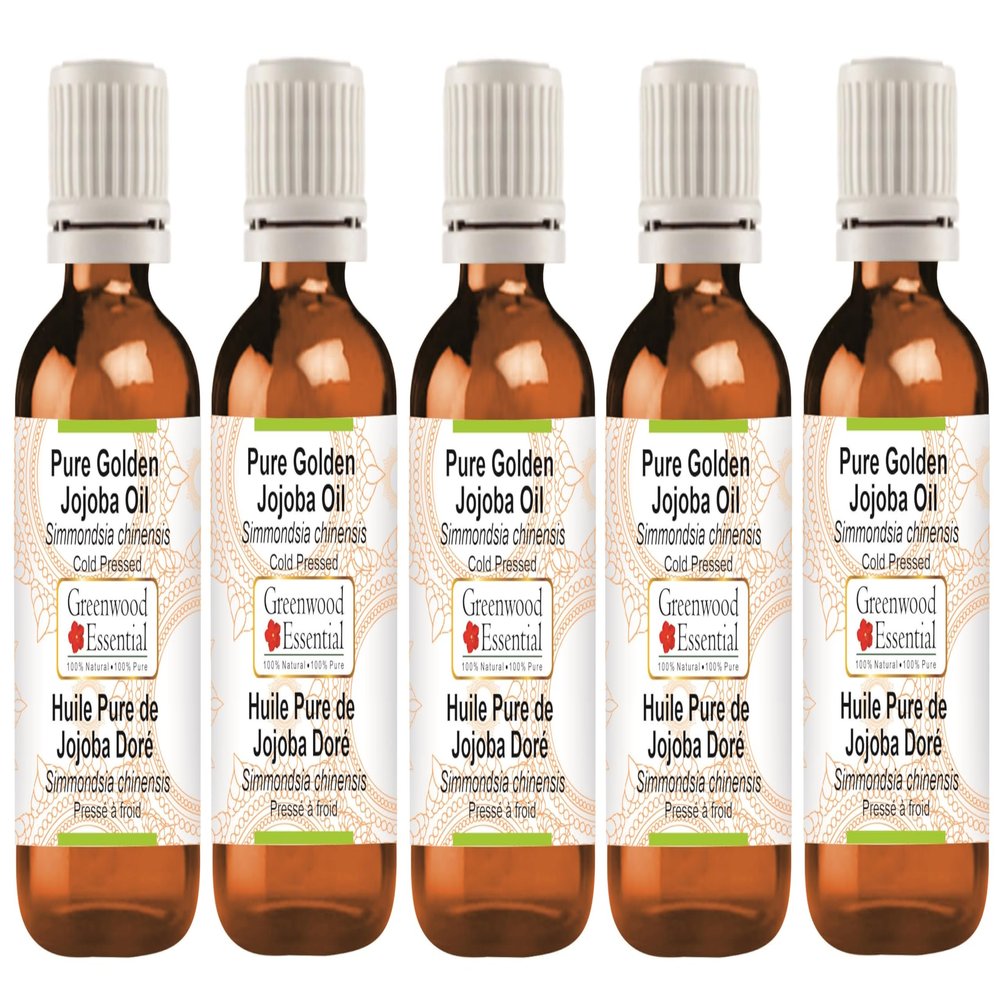 Greenwood Essential Pure Golden Jojoba Oil (Simmondsia chinensis), Cold-Pressed, 100 ml x 5 (16.9 oz)