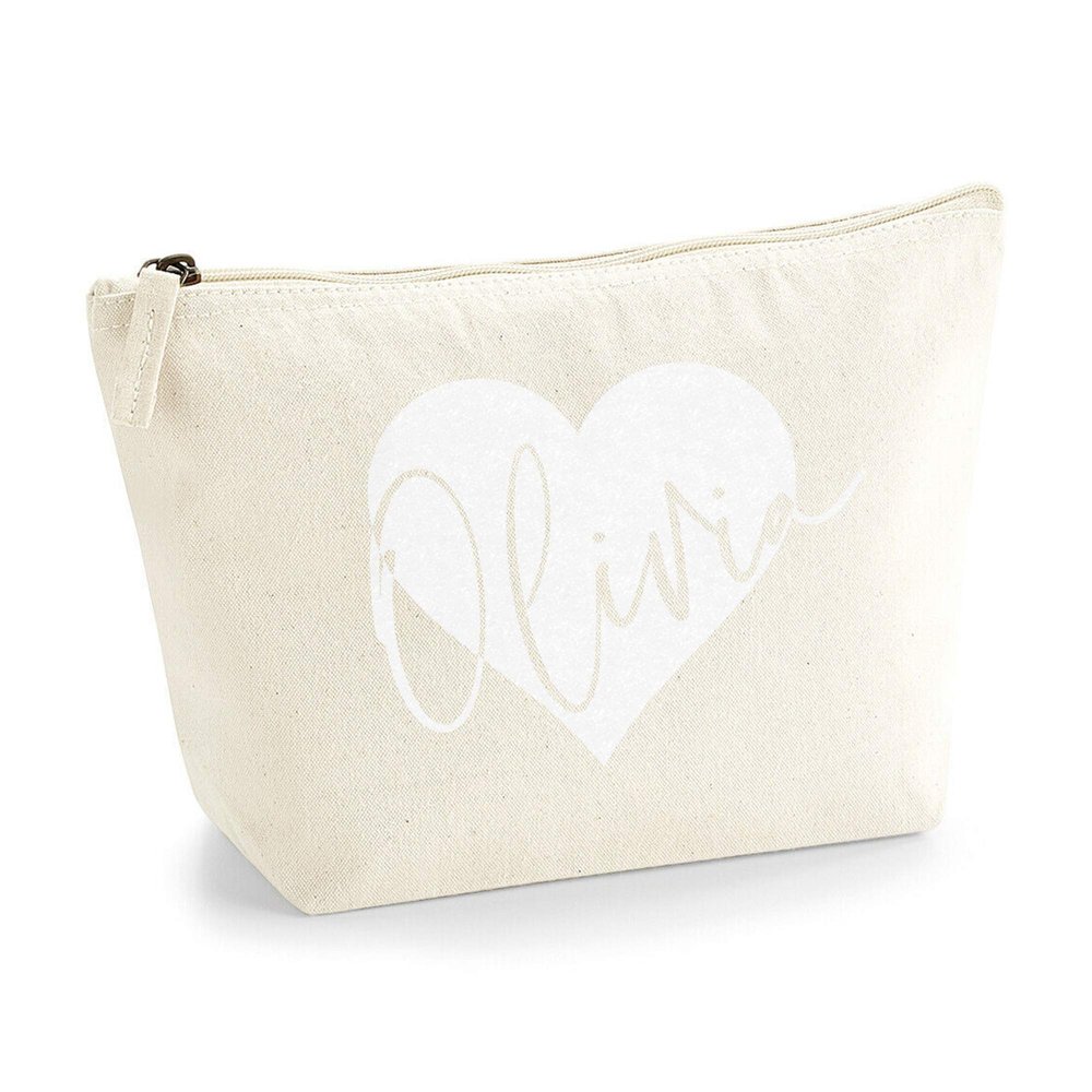 Personalized Name/Initials Heart Design Cosmetic Bag for Women, Textured Print, S, Natural, White Flock