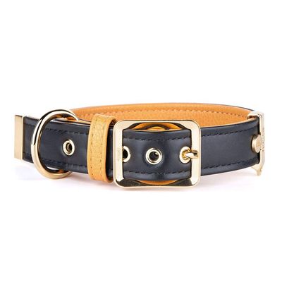 MyFamily Hermitage Adjustable Italian Leather Dog Collar, 24K Gold-Plated Metal, Black