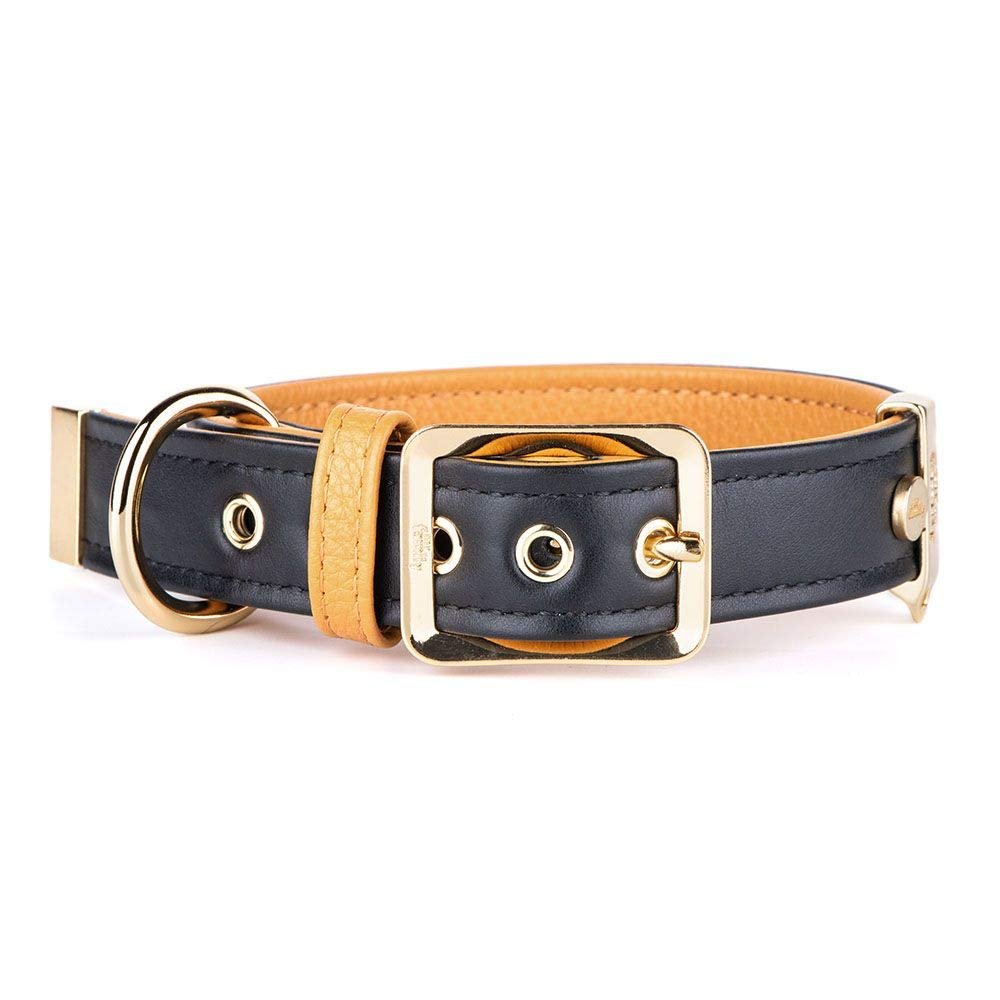 MyFamily Hermitage Adjustable Italian Leather Dog Collar, 24K Gold-Plated Metal, Black