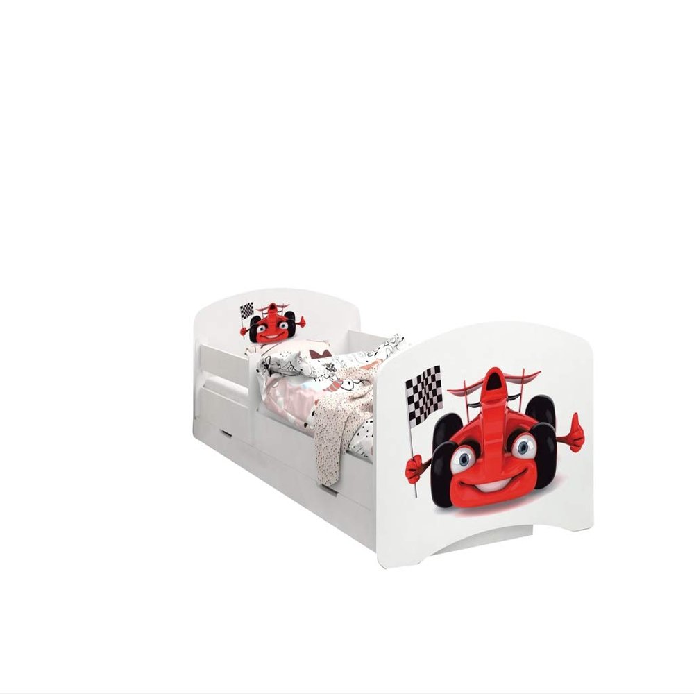 Happy Babies – Reversible Toddler Bed with Drawer, Modern Design with Safe Edges and Fall Protection, 7 cm Foam Mattress (180 x 90 cm, No. 86: Car with Flag)