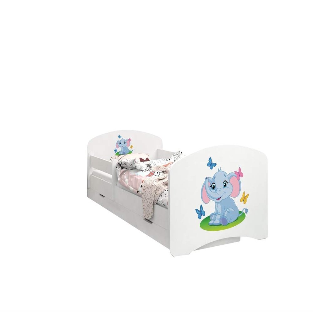 Happy Babies Double-Sided Toddler Bed with Drawer, Modern Design, Safety Rails and 7 cm Foam Mattress (190 x 90 cm, 03. Elephant)
