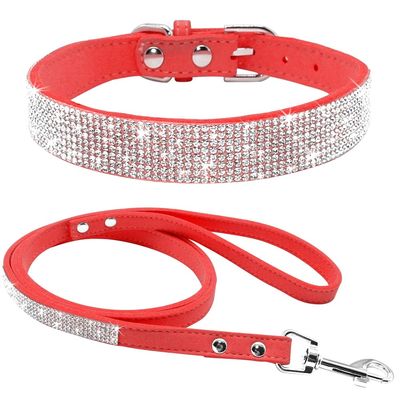 Haoyueer Soft Suede Dog Collar and Leash Set with Rhinestones, Red, S