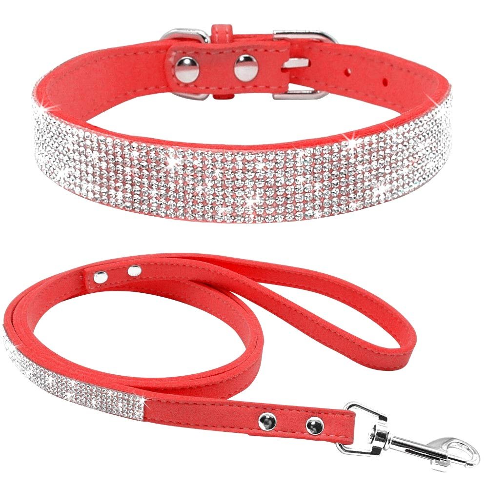 Haoyueer Soft Suede Dog Collar and Leash Set with Rhinestones, Red, S