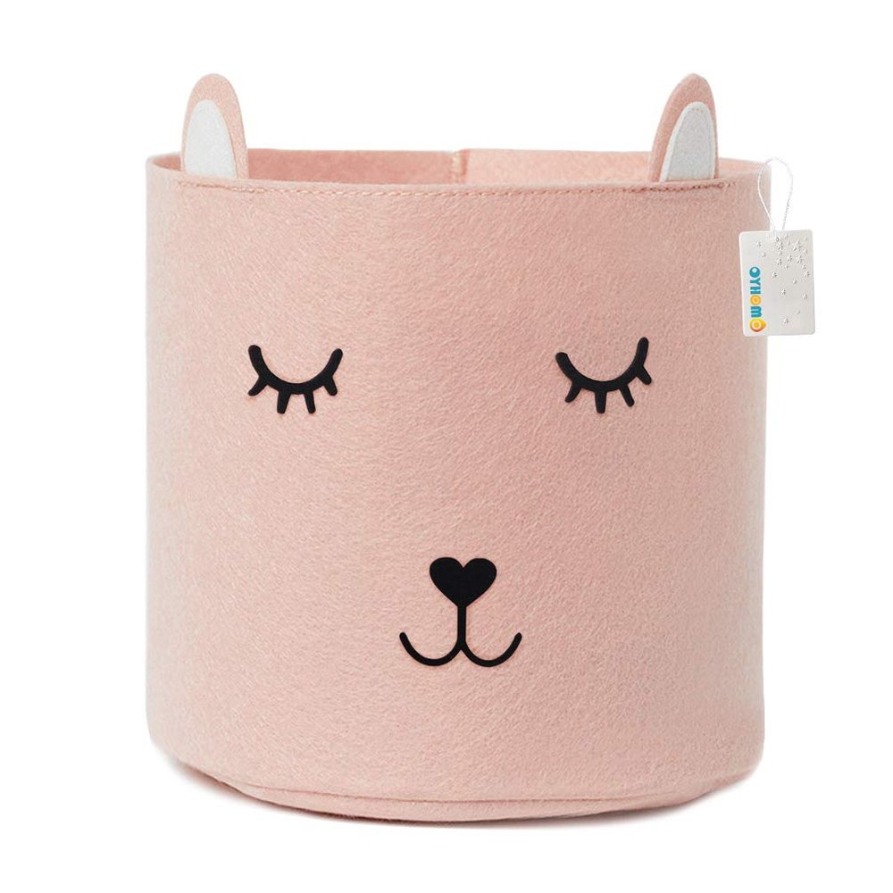 OYHOMO Felt Storage Basket, Foldable Baby Laundry and Toy Organizer, Cat Design, 13.8 x 13.8 in, Pink