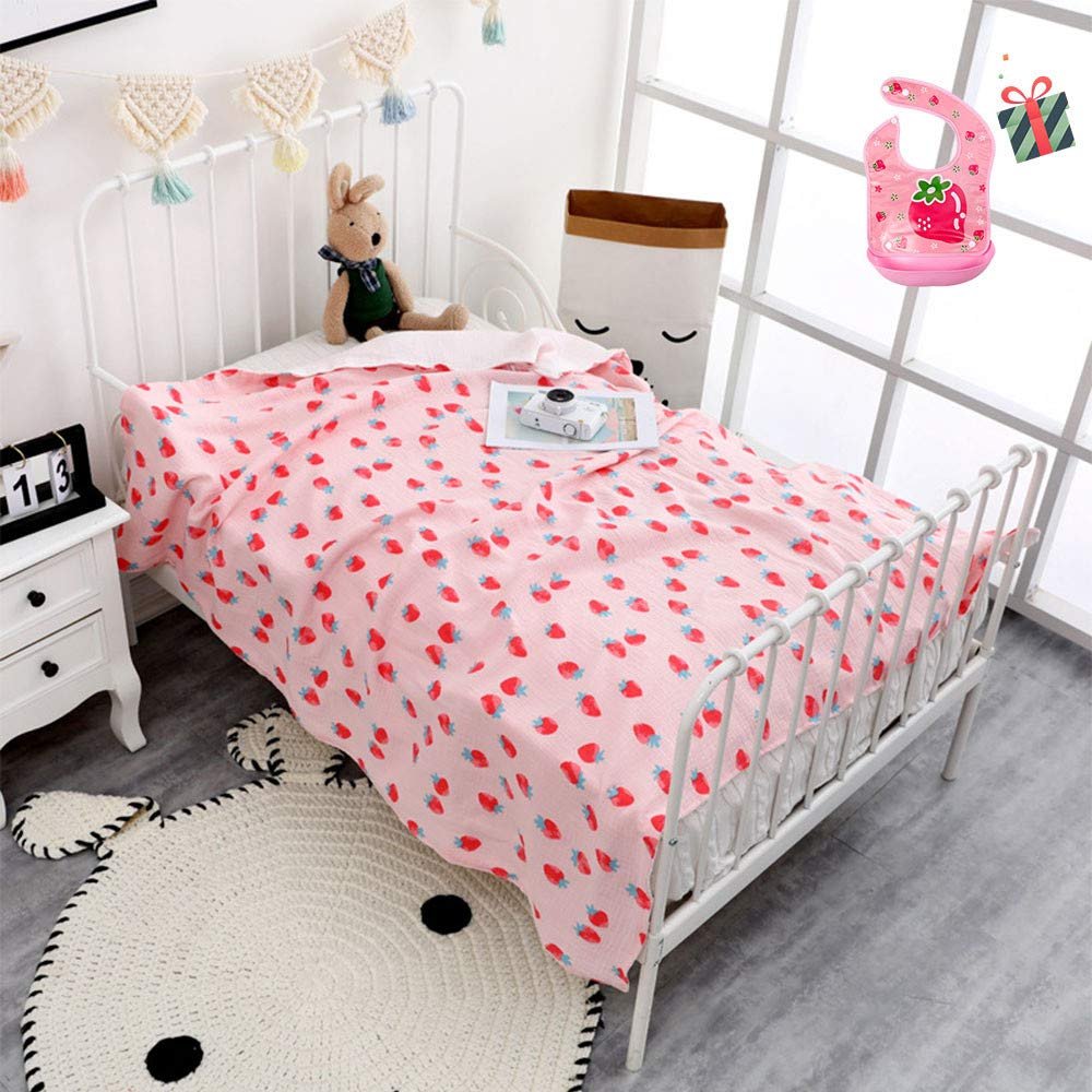 Chickw1 Baby Muslin Blanket, Super-Soft Cotton Cuddle Blanket, 70 × 140 cm, Strawberry