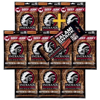INDIANA BEEF JERKY Dried Beef, High Protein, No Added Sugar (10 x 90 g, Jerky Beef Peppered)