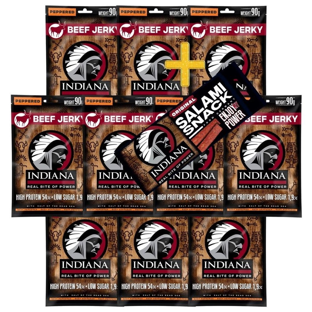 INDIANA BEEF JERKY Dried Beef, High Protein, No Added Sugar (10 x 90 g, Jerky Beef Peppered)