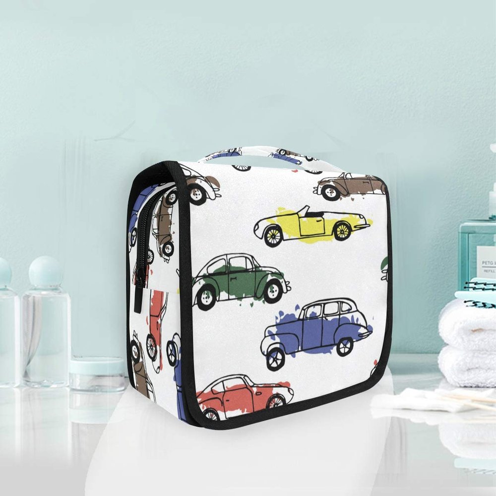 MONTOJ Large Hanging Toiletry Bag with Car Print, Waterproof Travel Organizer