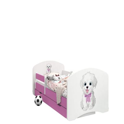 Happy Babies Pink Double-Sided Toddler Bed with Drawer, Safety Rail and 7 cm Foam Mattress (Dog with Bow, 160 x 80 cm)