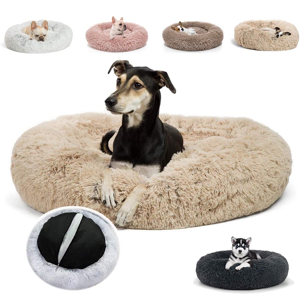 JRUI Deluxe Round Plush Donut Pet Bed, Beige