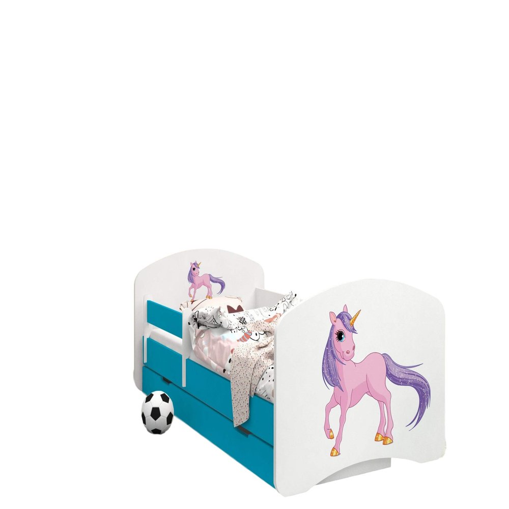HappyBabies Reversible Toddler Bed with Drawer, Unicorn, Blue, 160 x 80 cm