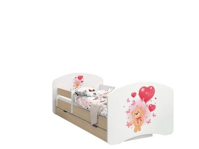Happy Babies Reversible Toddler Bed with Drawer, 160 × 80 cm, Light Pear with Bear and Balloons