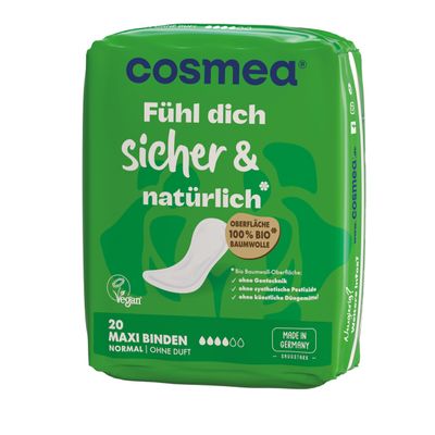 cosmea Maxi Pads with Organic Cotton Top Sheet, Regular, Wingless, Value Pack (6 x 20), Made in Germany