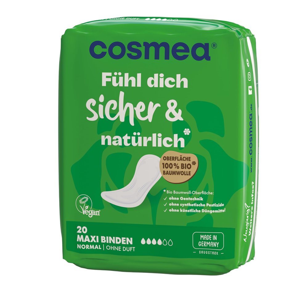 cosmea Maxi Pads with Organic Cotton Top Sheet, Regular, Wingless, Value Pack (6 x 20), Made in Germany