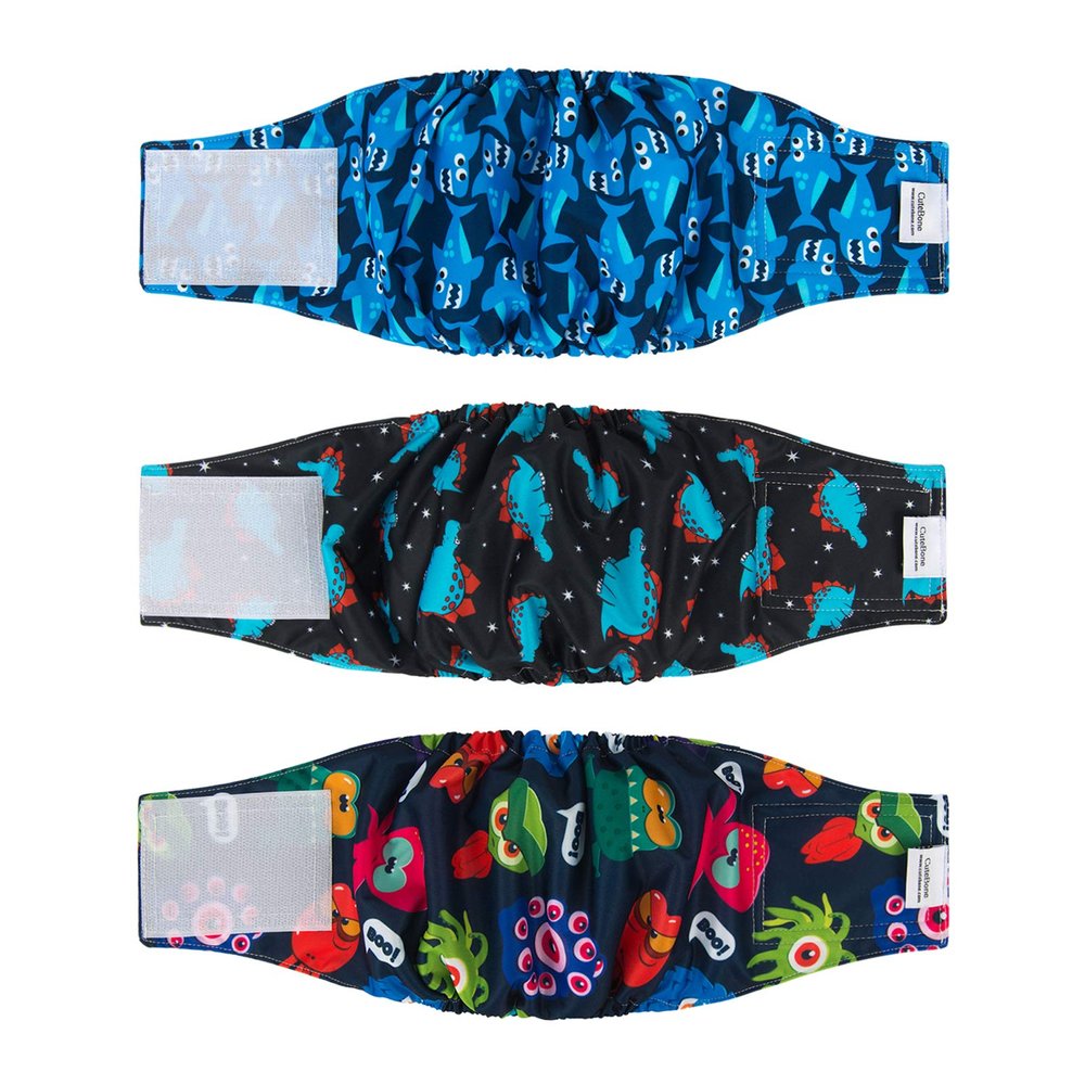 CuteBone Male Washable Dog Belly Bands, 3-Pack, Reusable, Highly Absorbent, Flexible Hook-and-Loop Closure, DM07XS-DE