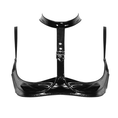 MSemis Women's Glossy Patent Leather Open-Cup Harness Bra, Black, XL