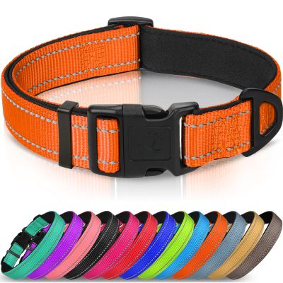 Joytale Dog Collar, Padded Neoprene Nylon Adjustable Collar for Medium Dogs, Soft and Reflective, M, Orange