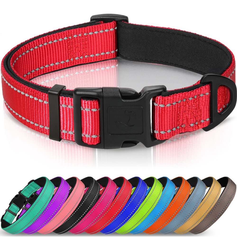 Joytale Dog Collar, Padded Neoprene Nylon Adjustable Collar for Medium Dogs, Soft and Reflective, M, Red