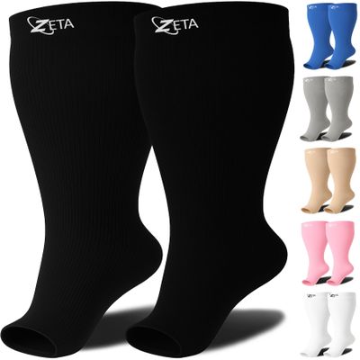 Zeta Wear Open-Toe Compression Socks for Thick Calves, Black, 3XL, 15–19 mmHg