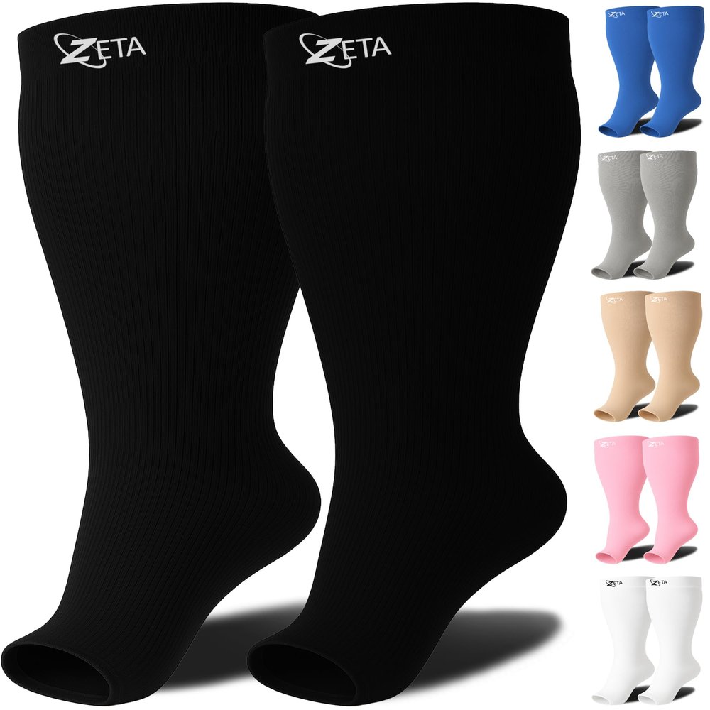 Zeta Wear Open-Toe Compression Socks for Thick Calves, Black, 3XL, 15–19 mmHg