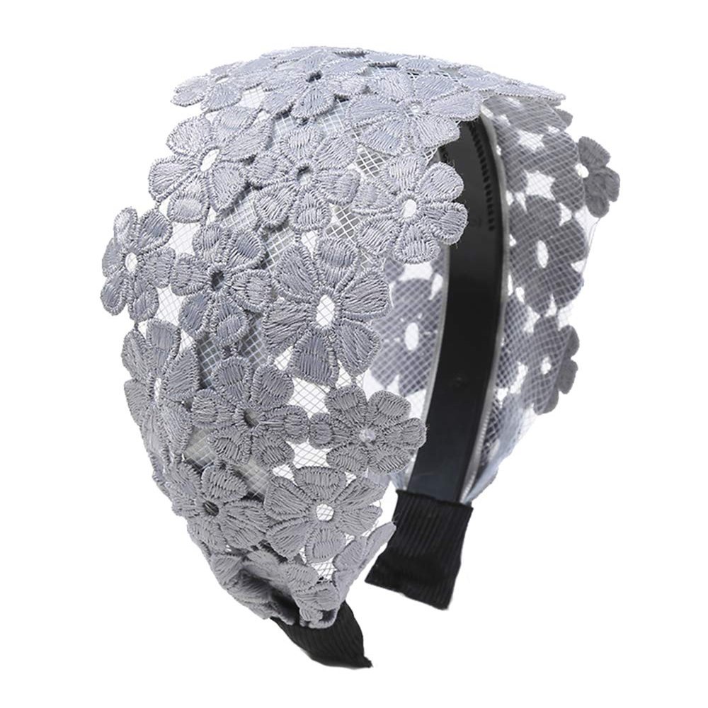 KABELIFE Elegant Women's Wide Floral Lace Headband with Non-Slip Teeth, Gray