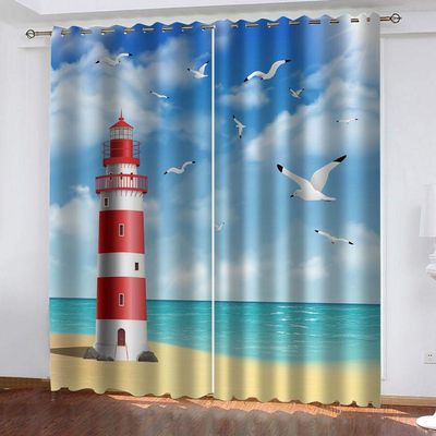 zpangg Blackout Curtains with Ruffle Tape, Lighthouse and Seagull Design, 2-Piece Set, 150 x 166 cm